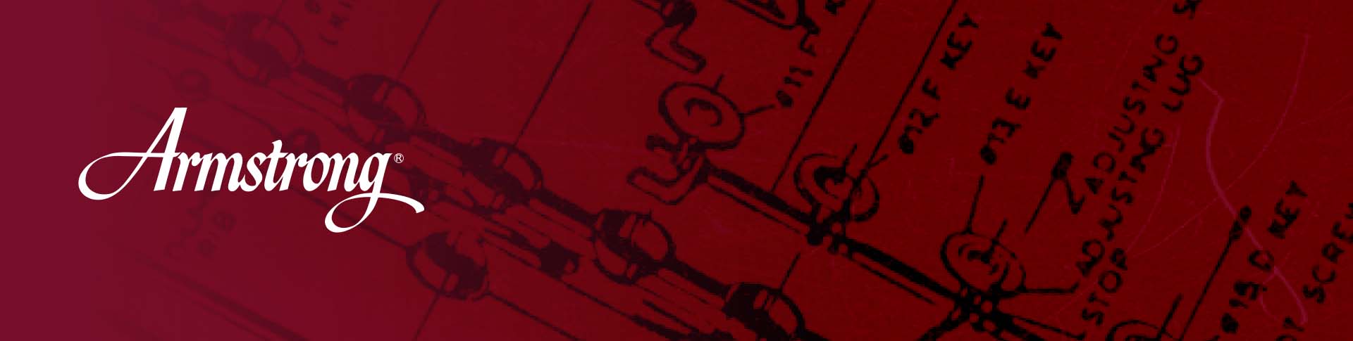 Armstrong logo on top of red flute schematics
